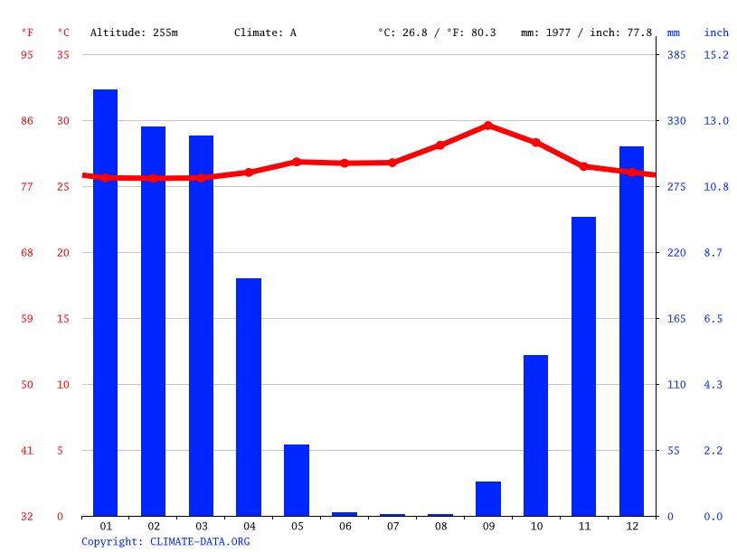 Climate diagram for Tocantins: monthly temperature and rainfall